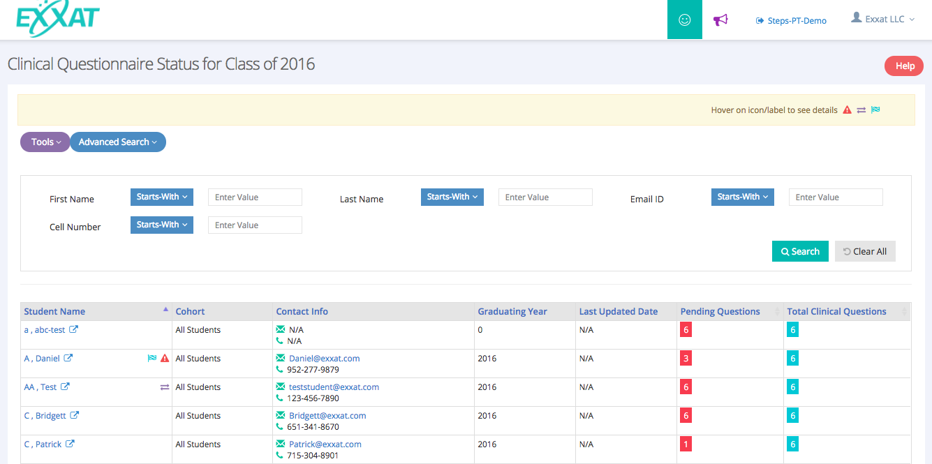 Student Reports for Admins Exxat STEPS PT – Exxat Help Center